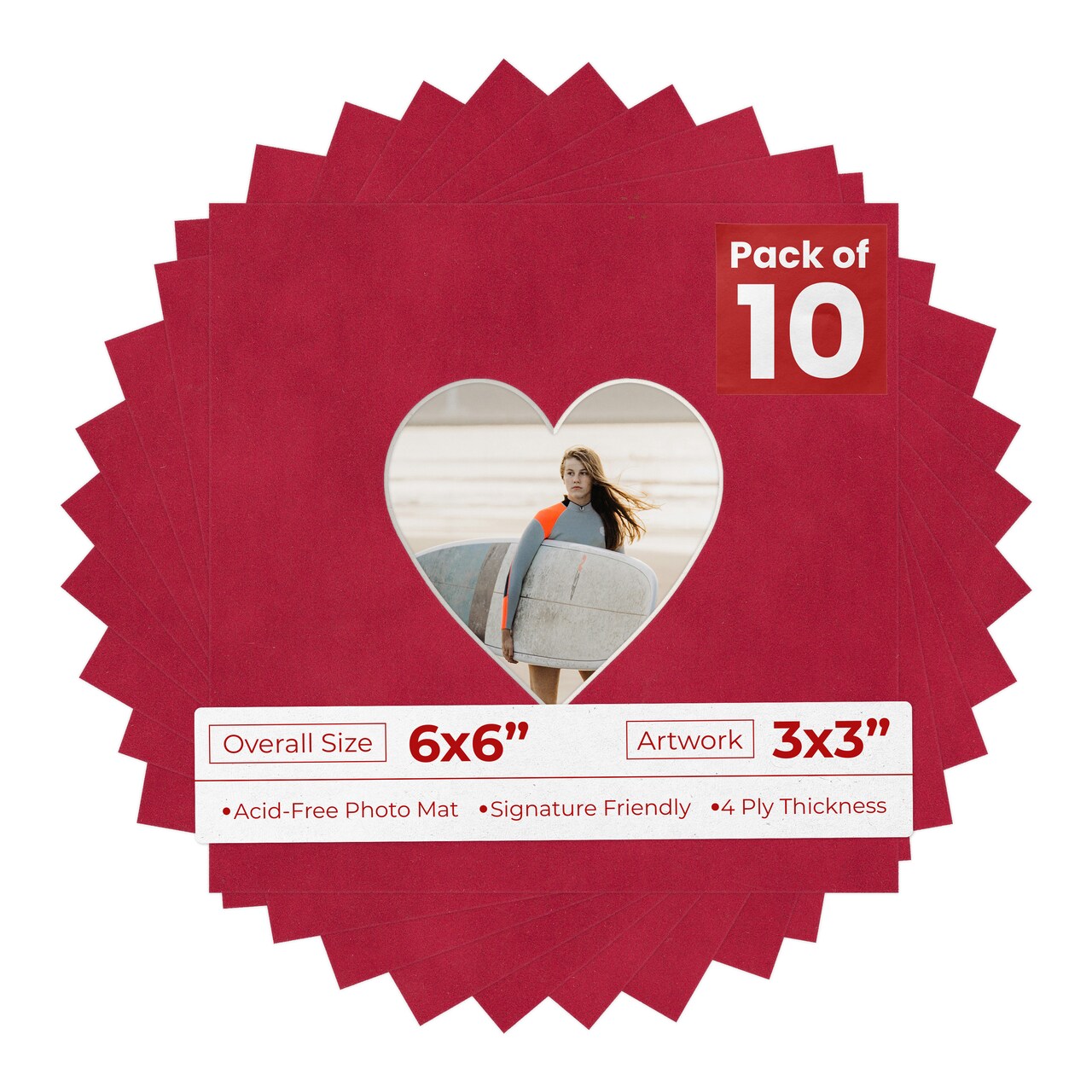 Red Suede Mat Board for 6x6 Frames - Heart Opening for 3x3 Photos